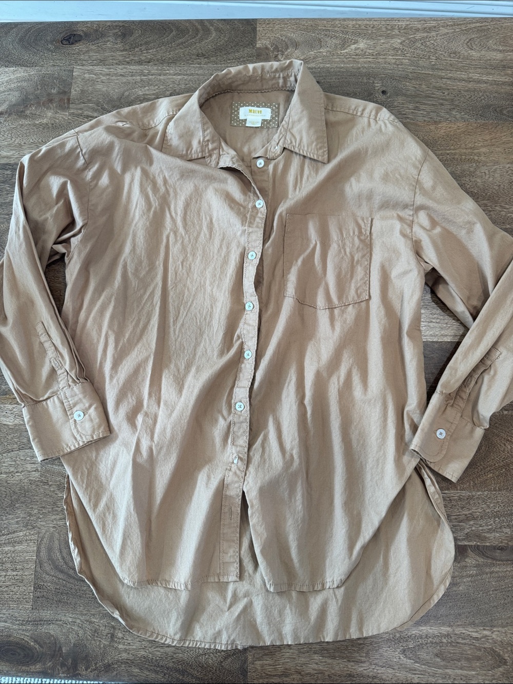 Women’s MAEVE by Anthropologie medium tan blouse. The bottom button is broken.